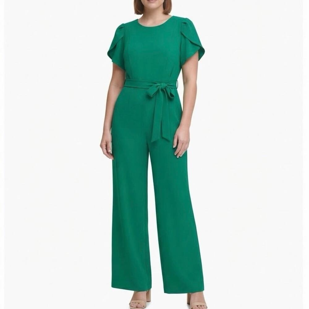 Calvin Klein Kelly Green Flutter Sleeve Belted Wide Leg Jumpsuit Dressy Size 16